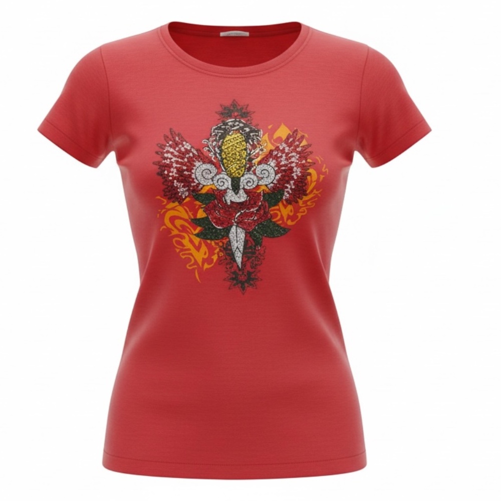 Cache Vintage T-shirt Large L W Rhinestones and a tattoo design. Color Red NWOT